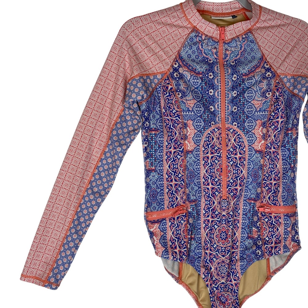Cabana Life Swimsuit Rash Guard Long Sleeve Full Zip Coral Blue Pattern S